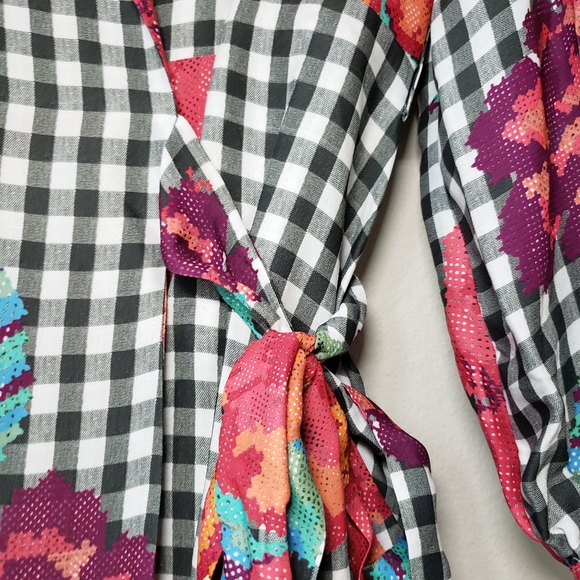 ❗SOLD❗Farm Rio | Gingham Floral Long Sleeve Collared Wrap Dress - Picture 11 of 16